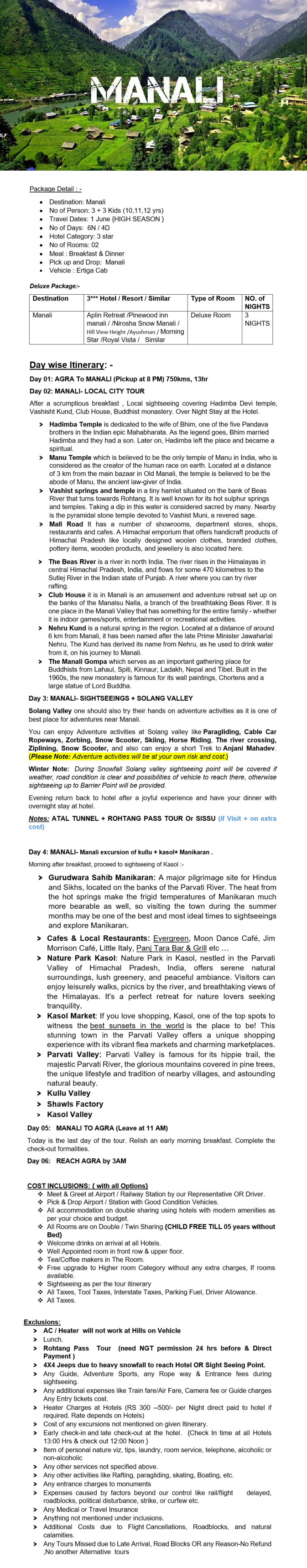 Manali 4 D 6 N Manali 4 D 6 N Holiday Package - RideNow Holidays