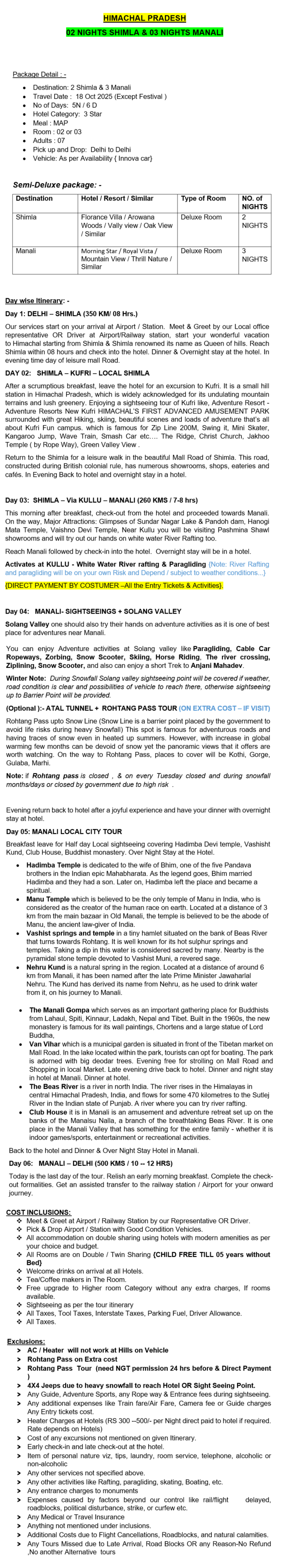 HIMACHAL PRADESH – 5 Nights / 6 Days HIMACHAL PRADESH Holiday Package - RideNow Holidays