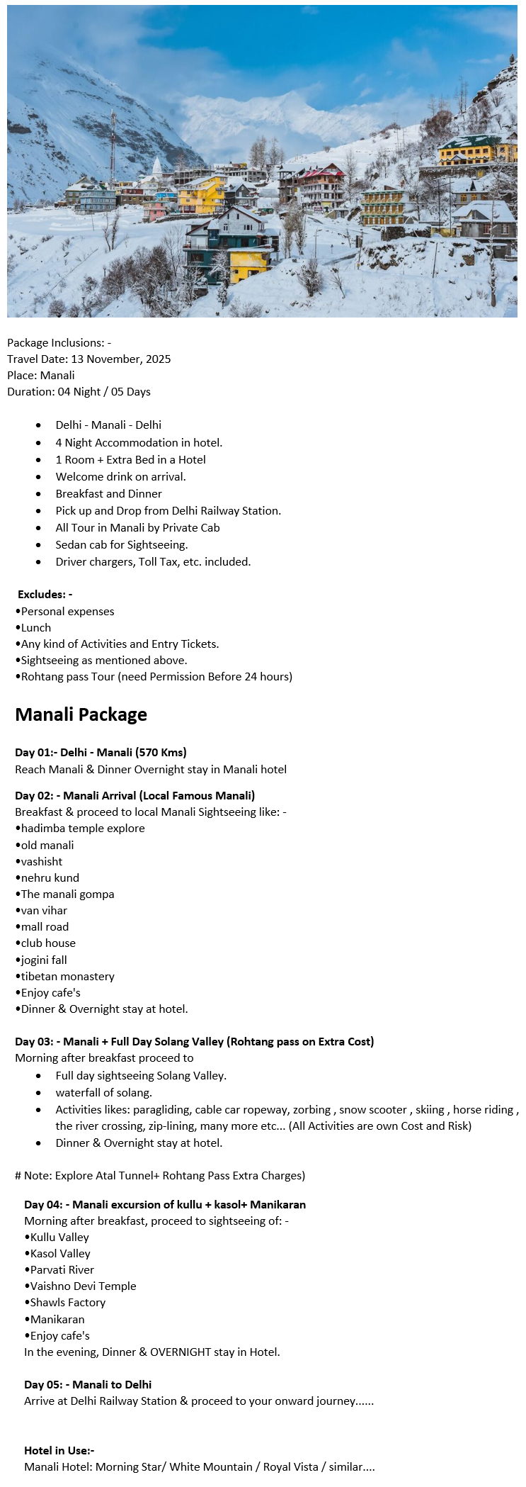 Manali – 4 Nights / 5 Days Manali Holiday Package - RideNow Holidays