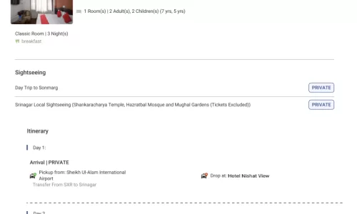 Kashmir 3N4D2 Adults, 2 Kids , 1 Room, 3 Star Hotel, All Transfers with Sedan