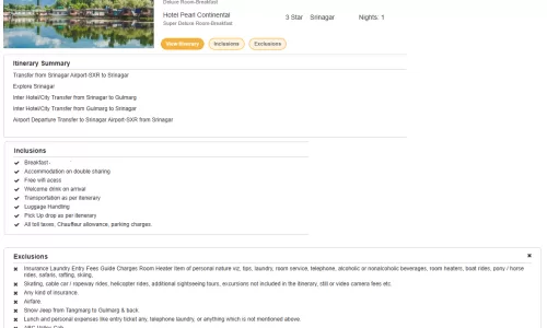 Kashmir 4N5D2 Adults , 1 Room with Breakfast , 3 Star Hotel with Transfers