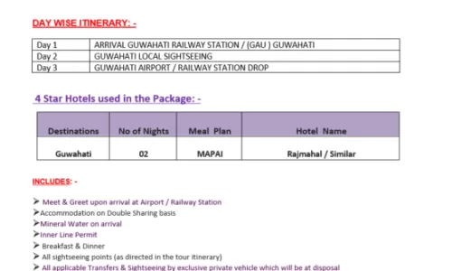 GUWAHATI 2N3D2 Adults, 1 Room with Breakfast and Lunch/Dinner , 4 Star Hotel with Transfers