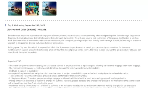 Singapore 7N8D8 Adults, 3 Rooms with Breakfast , 3 Star Hotel with Transfers