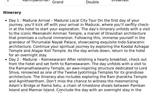 Tamil Nadu 3N4D8 Adults, 3 Rooms with Breakfast, 3 Star Hotel with Transfers