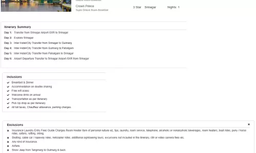 Kashmir 5N6D4 Adults, 2 Rooms with Breakfast, 3 Star Hotel with Transfers