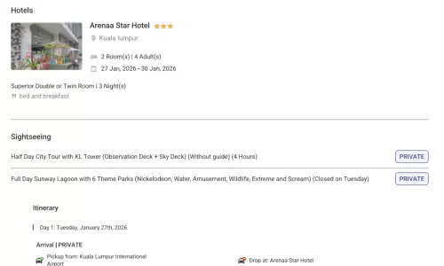 MALAYSIA 3N44 Adults, 2 Rooms with Breakfast, 3 Star Hotel with Transfers