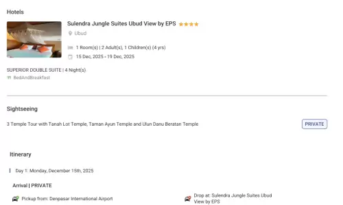 Bali 4N5D2 Adults, 1 Kid(4 yrs), 1 Room with Breakfast, 3 Star Hotel with Transfers