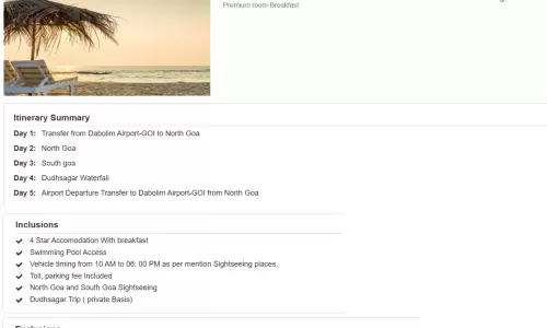 Goa 4N5D2 Adults, 1 Room with Breakfast, 4 Star Hotel with Transfers and Round Trip Flight Tickets (