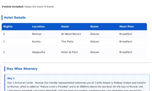 Kerala 4N5D2 Adults, 1 Room with Breakfast, 3 Star Hotel with Transfers