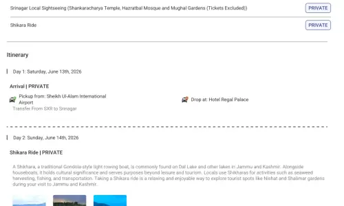 Kashmir 5N6D2 Adults, 1 Room, 3 Star Hotel with Transfers and Round Trip Flights(Economy)