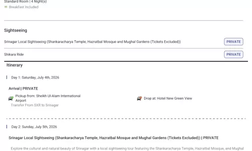 Kashmir 4N5D2 Adults, 1 Room with Breakfast, 2 Star Hotel with Transfers