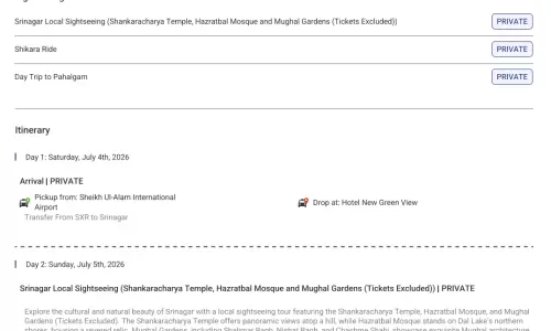Kashmir 4N5D2 Adults, 1 Room with Breakfast, 2 Star Hotel with Transfers