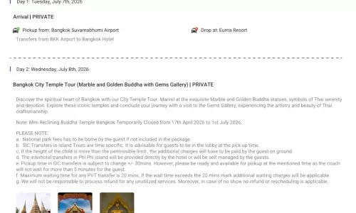 Thailand 5N6D3 Adults, 1 Room with Breakfast, 3 Star Hotel with Transfers and Round Trip Flights(Eco