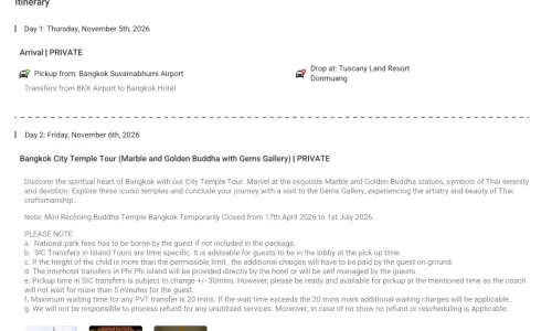 Thailand 6N7D2 Adults, 1 Room with Breakfast, 3 Star Hotel with Transfers