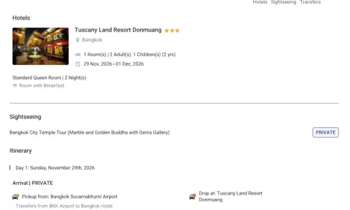 Thailand 2N3D2 Adults, 1 Kid(2yr), 1 Room with Breakfast, 3 Star Hotel with Transfers