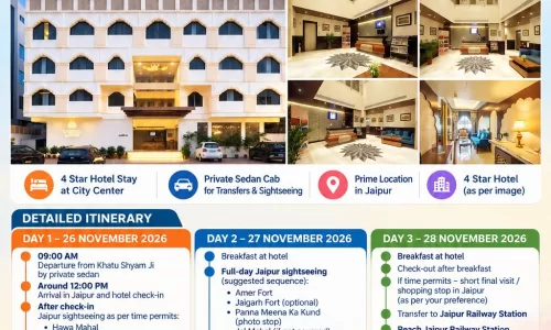 Jaipur 2N3D2 Adults, 1 Kid(8 yrs), 1 Room with Breakfast, 3 Star Hotel with Transfers.
